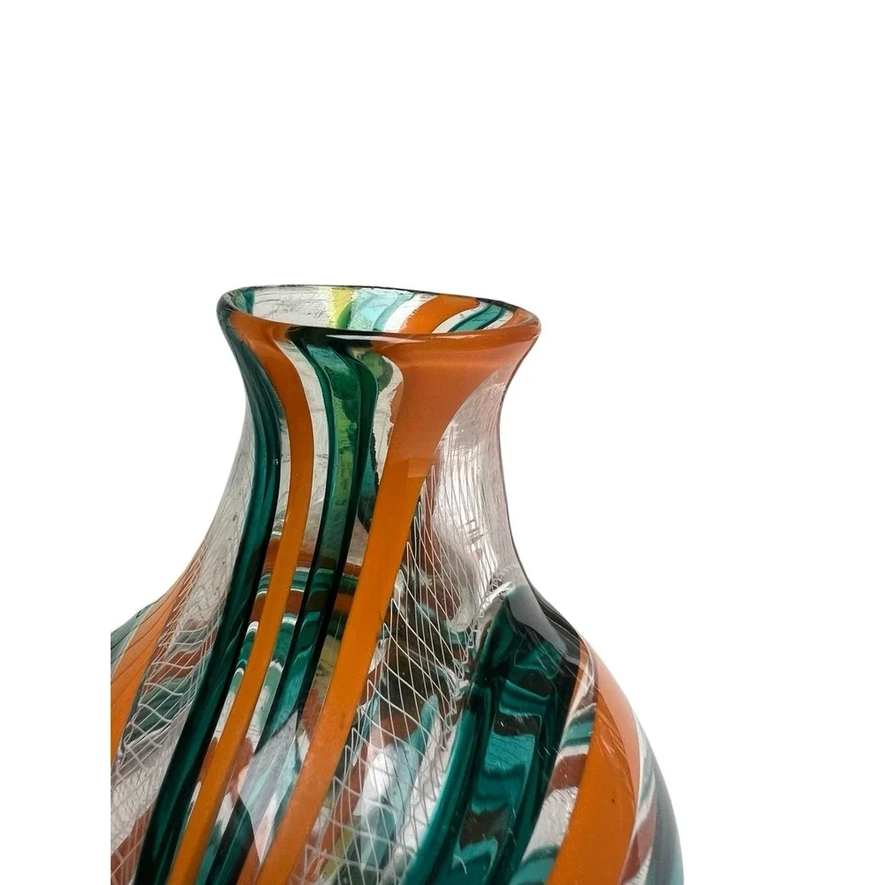 Daniel Graham Signed 2020 Hand Blown Art Glass Vase Reticello Teal Orange 9